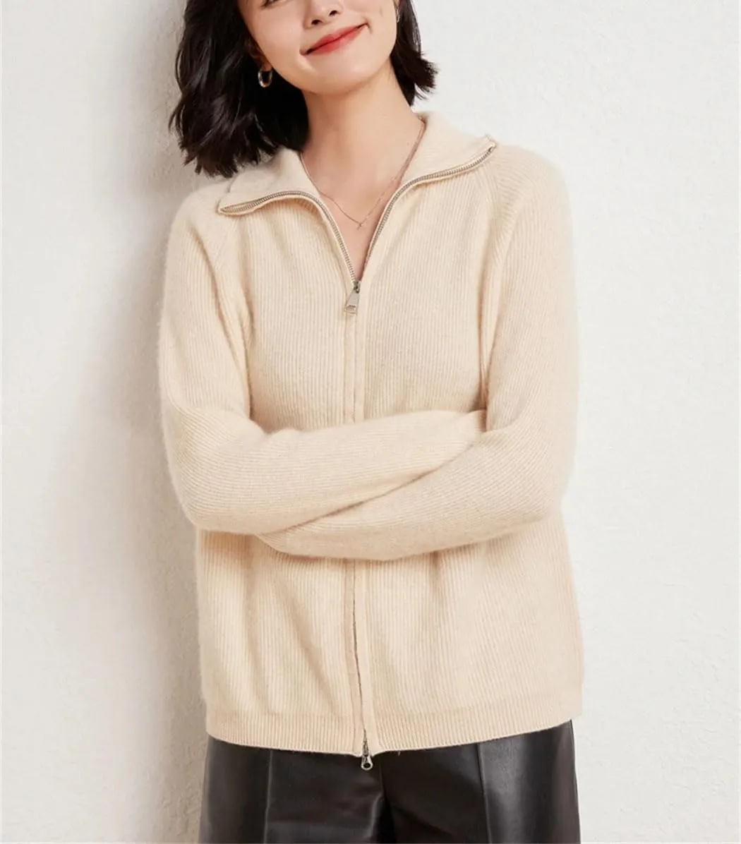 Double Zipper Cardigan Women Merino Wool Sweater Autumn Winter Long Sleeve Casual Cashmere Knitwear Tops