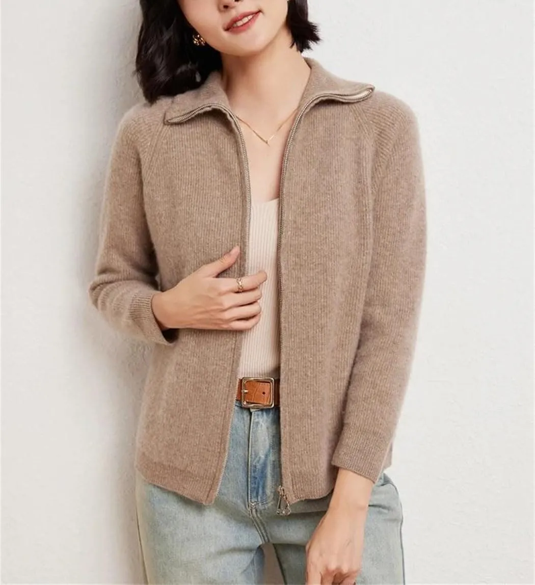 Double Zipper Cardigan Women Merino Wool Sweater Autumn Winter Long Sleeve Casual Cashmere Knitwear Tops