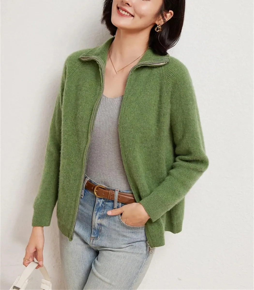 Double Zipper Cardigan Women Merino Wool Sweater Autumn Winter Long Sleeve Casual Cashmere Knitwear Tops