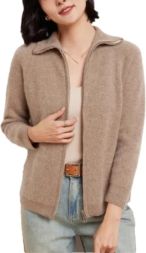 Double Zipper Cardigan Women Merino Wool Sweater Autumn Winter Long Sleeve Casual Cashmere Knitwear Tops