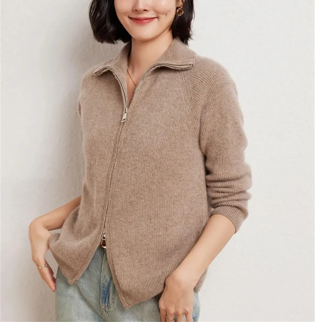 Double Zipper Cardigan Women Merino Wool Sweater Autumn Winter Long Sleeve Casual Cashmere Knitwear Tops