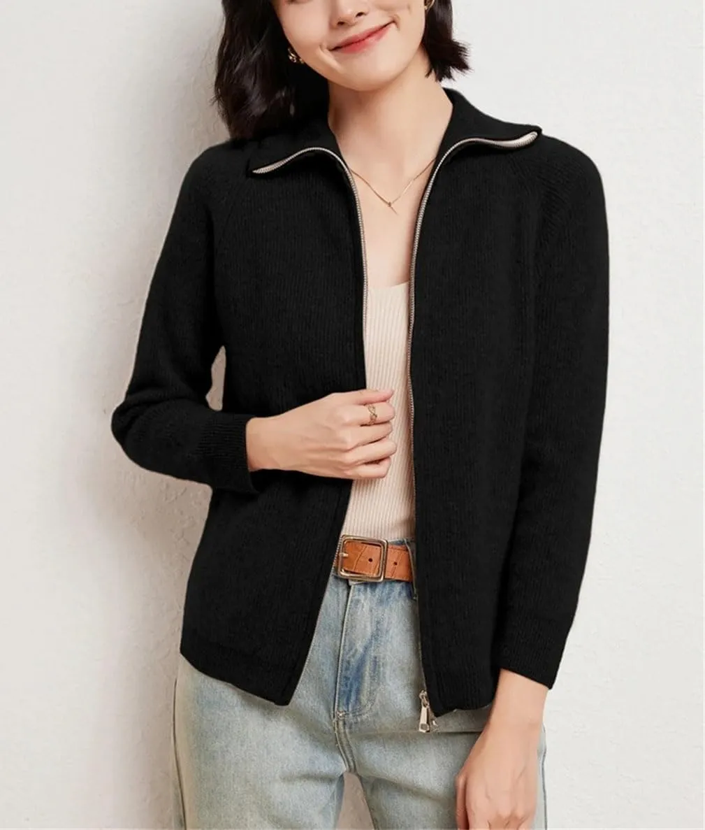 Double Zipper Cardigan Women Merino Wool Sweater Autumn Winter Long Sleeve Casual Cashmere Knitwear Tops