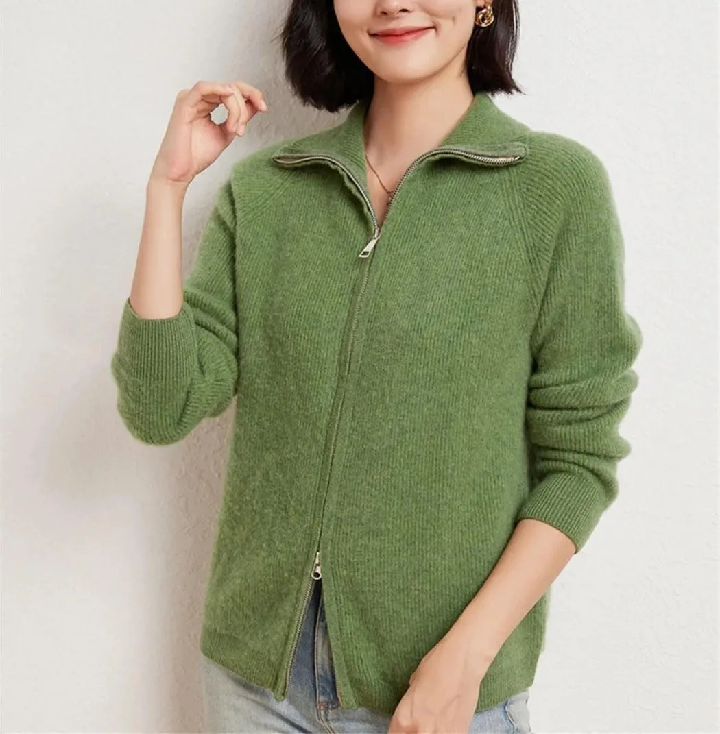 Double Zipper Cardigan Women Merino Wool Sweater Autumn Winter Long Sleeve Casual Cashmere Knitwear Tops