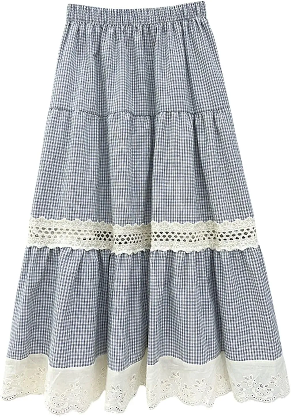 ebossy Women's Embroidered Eyelet Plaid Skirt Elastic Waist Ruffled Flowy Tiered Midi Long Gingham Skirt