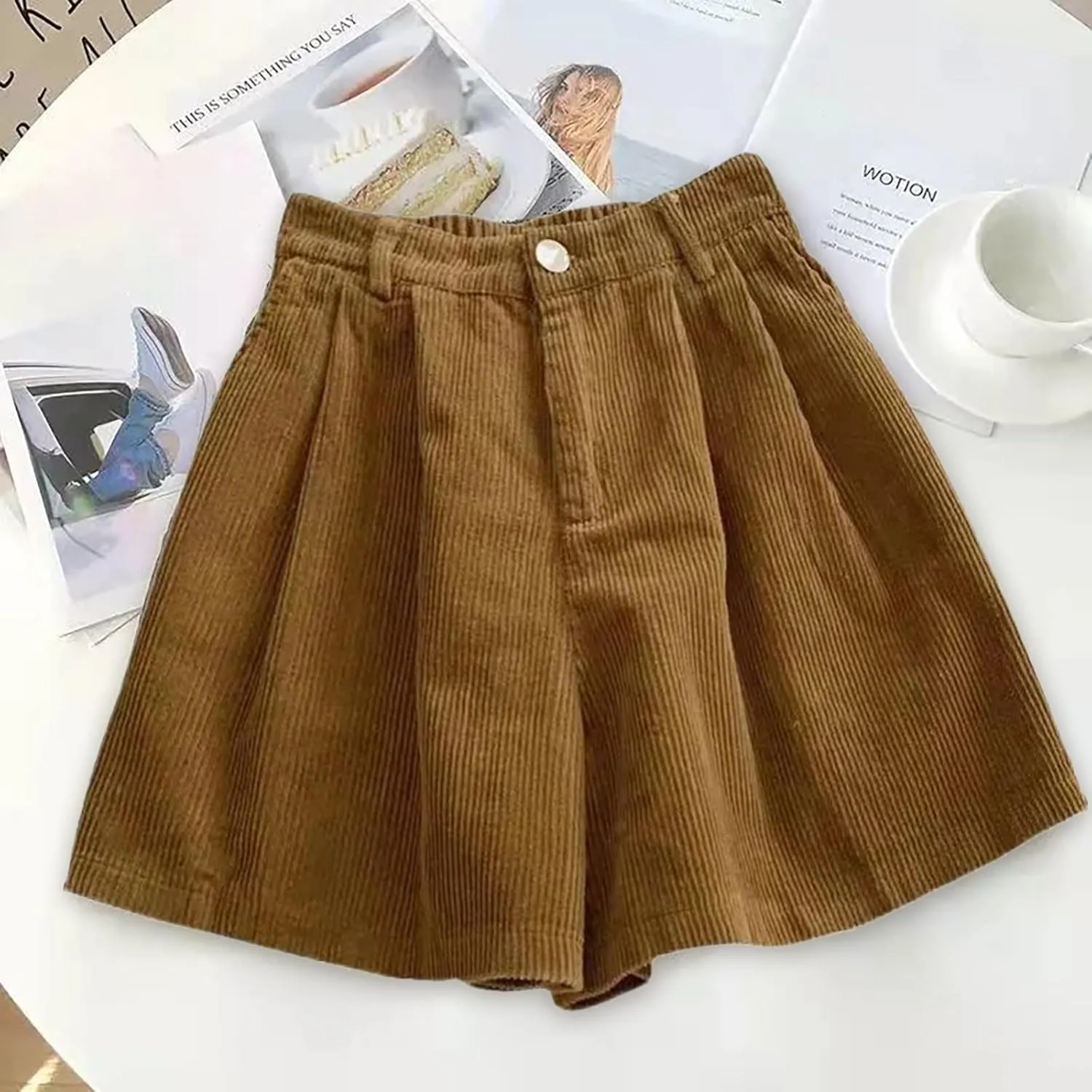 ECKHARDT Shorts for Women Knee Length Corduroy Straight Leg Shorts Ladies Casual High Waist All Corduroy