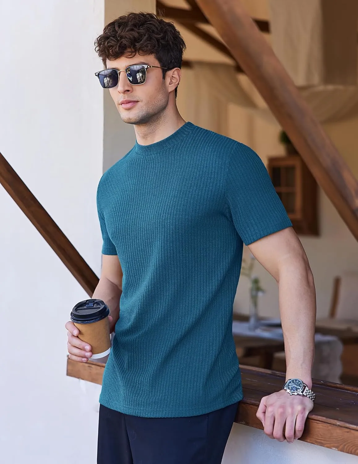 Ekouaer Mens Mock Turtleneck Short Sleeve Knit T Shirts Slim Fit Basic Thermal Tops Lightweight Tee S-XXXL