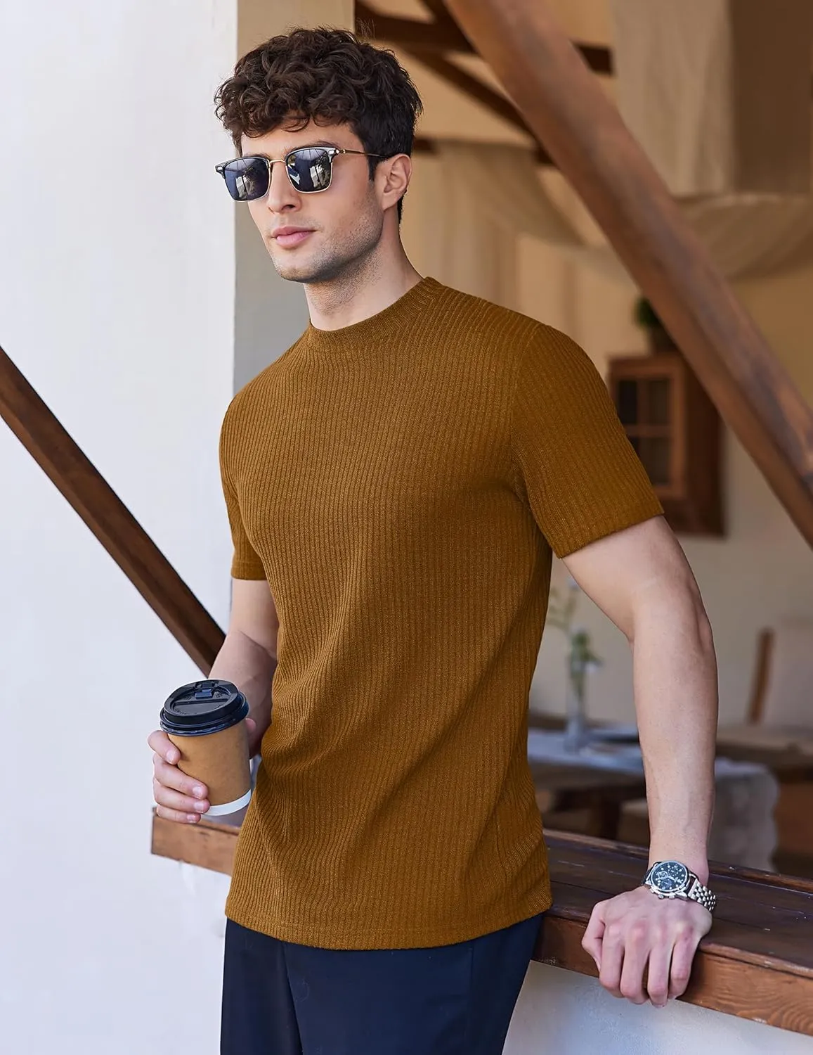 Ekouaer Mens Mock Turtleneck Short Sleeve Knit T Shirts Slim Fit Basic Thermal Tops Lightweight Tee S-XXXL