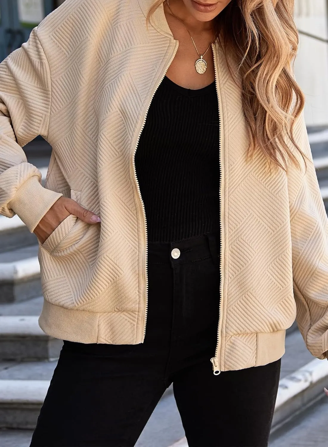 EVALESS Womens Bomber Jacket Coat Casual Stand Collar Zip Up Lightweight Fall Fashion Jackets Outfits with Pockets