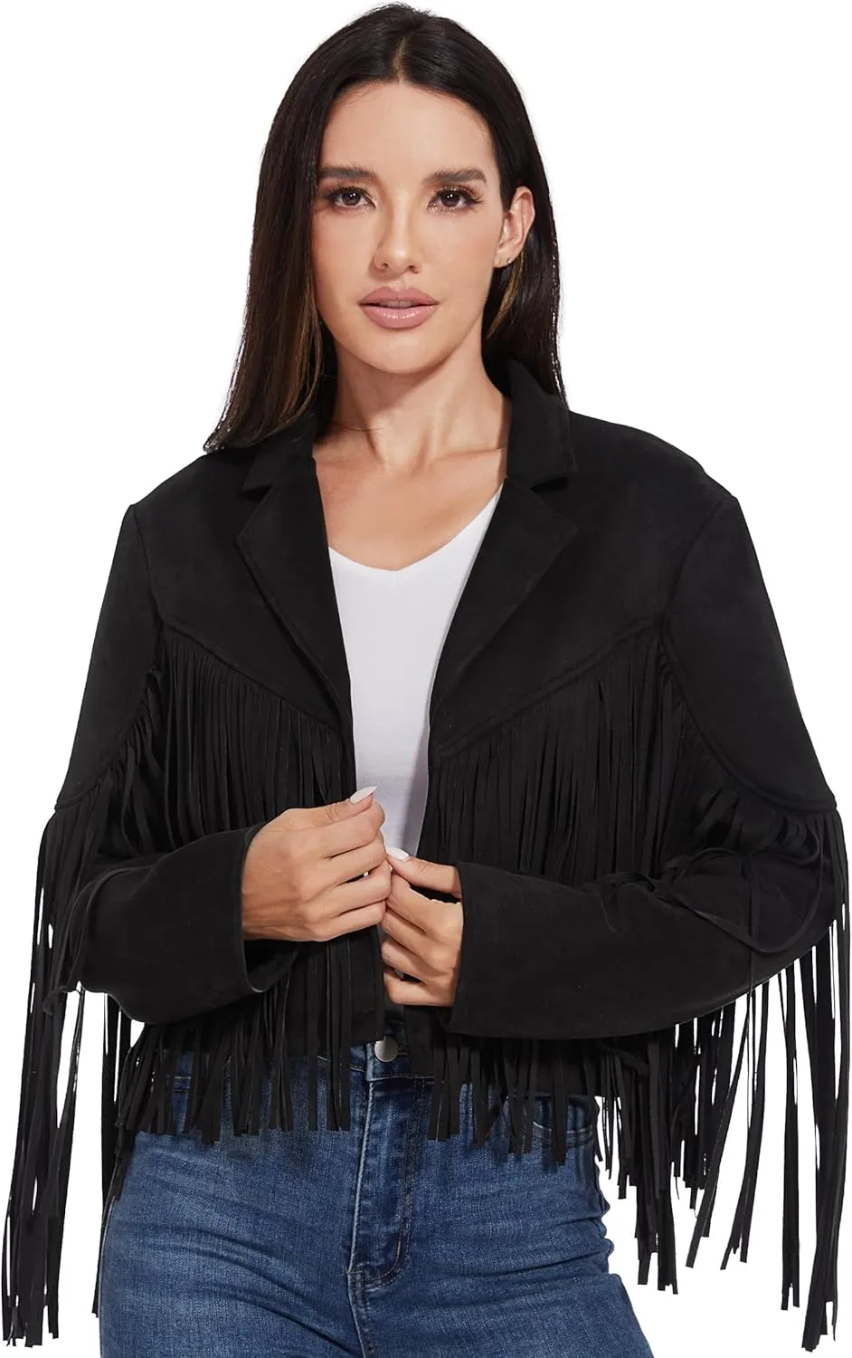 Fahsyee Women's Fringe Leather Jackets - Suede Faux Motocycle Biker Cropped Coat Vegan Blazer Pleather Fashion Tassel S-XXL
