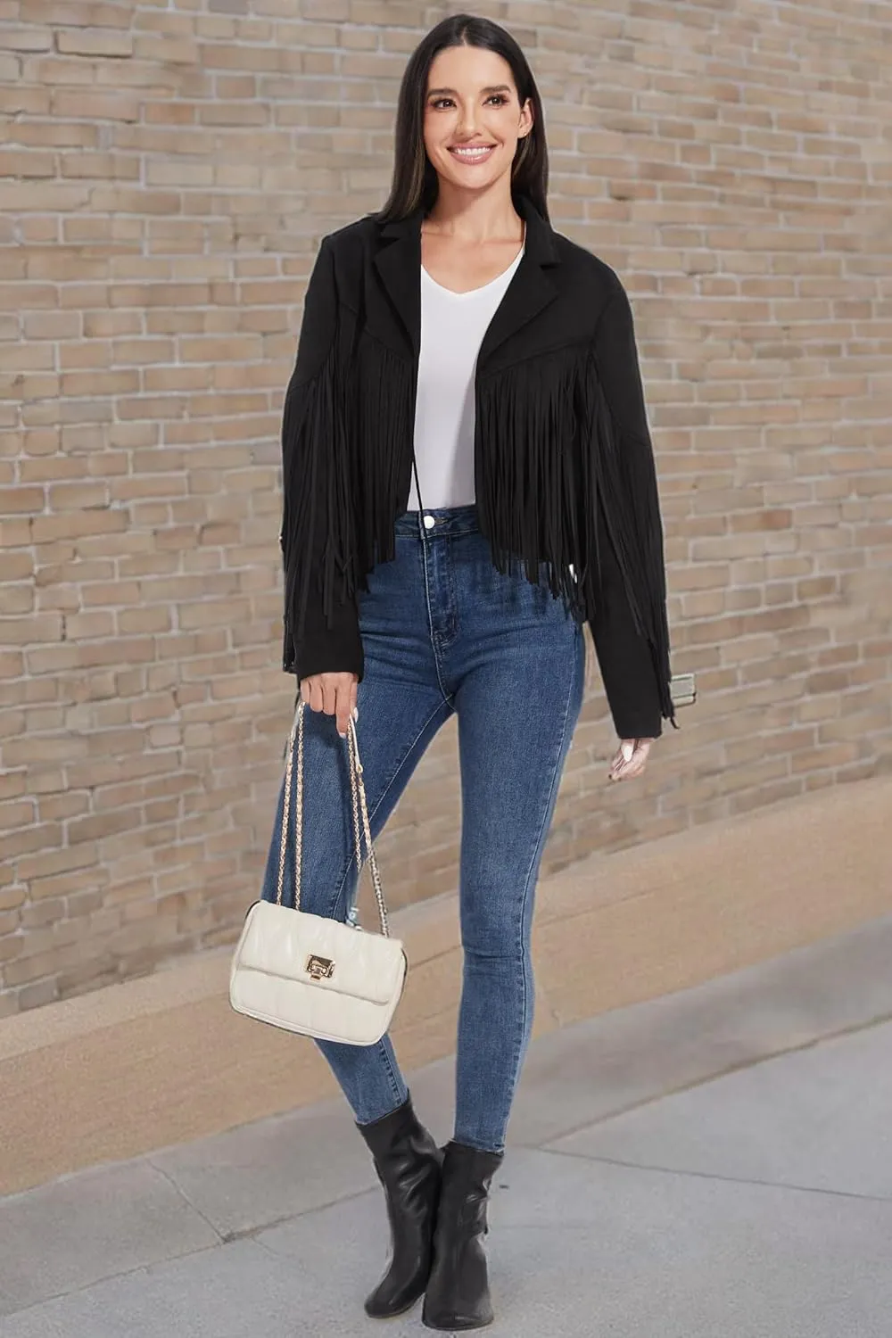 Fahsyee Women's Fringe Leather Jackets - Suede Faux Motocycle Biker Cropped Coat Vegan Blazer Pleather Fashion Tassel S-XXL