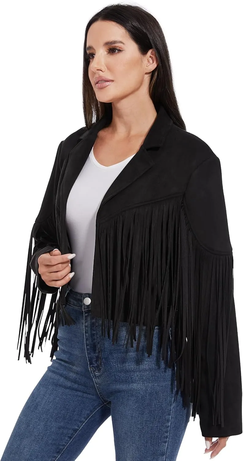 Fahsyee Women's Fringe Leather Jackets - Suede Faux Motocycle Biker Cropped Coat Vegan Blazer Pleather Fashion Tassel S-XXL