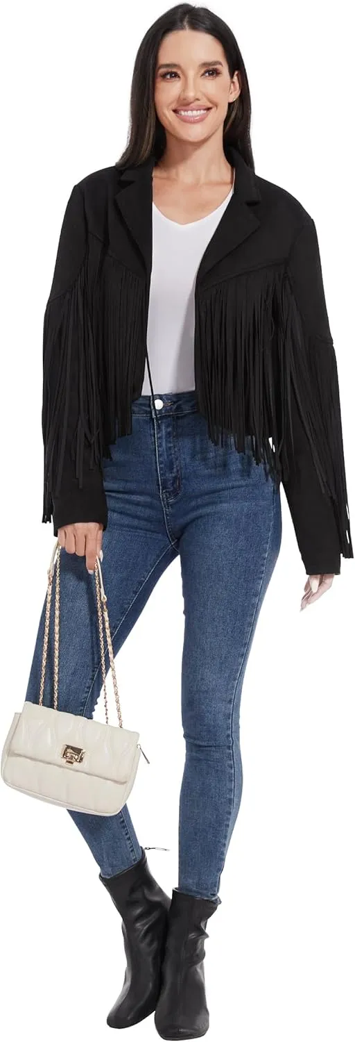 Fahsyee Women's Fringe Leather Jackets - Suede Faux Motocycle Biker Cropped Coat Vegan Blazer Pleather Fashion Tassel S-XXL