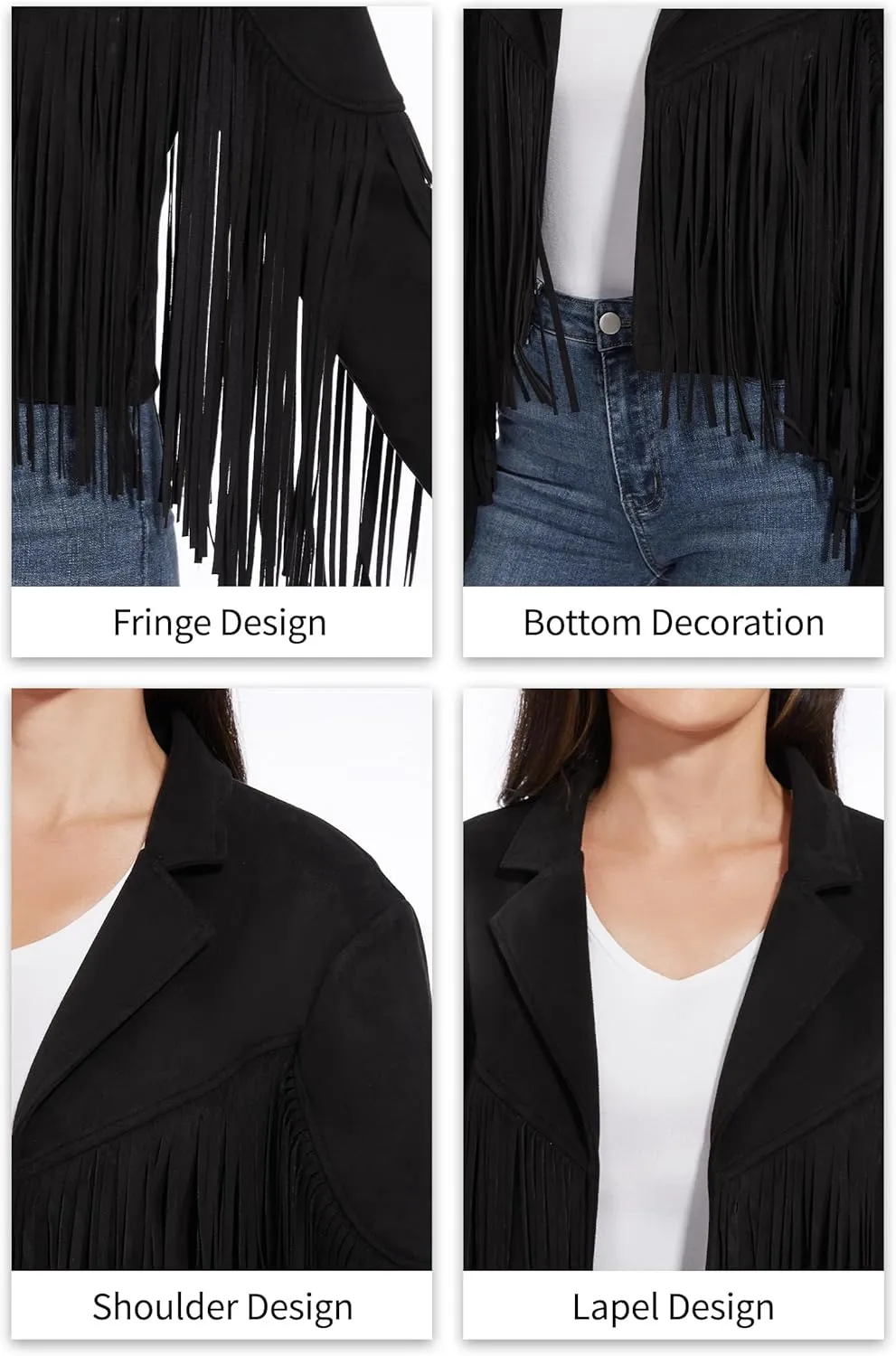 Fahsyee Women's Fringe Leather Jackets - Suede Faux Motocycle Biker Cropped Coat Vegan Blazer Pleather Fashion Tassel S-XXL