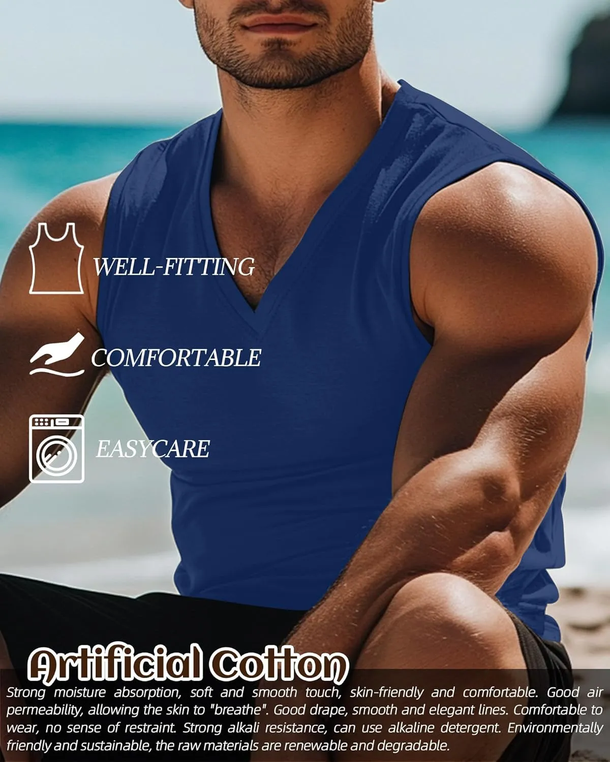 Ficerd 3 Pack Men's Big and Tall Workout Tank Tops, Cotton V Neck Sleeveless Gym Muscle T-Shirts Athletic Tee Summer Vest Top