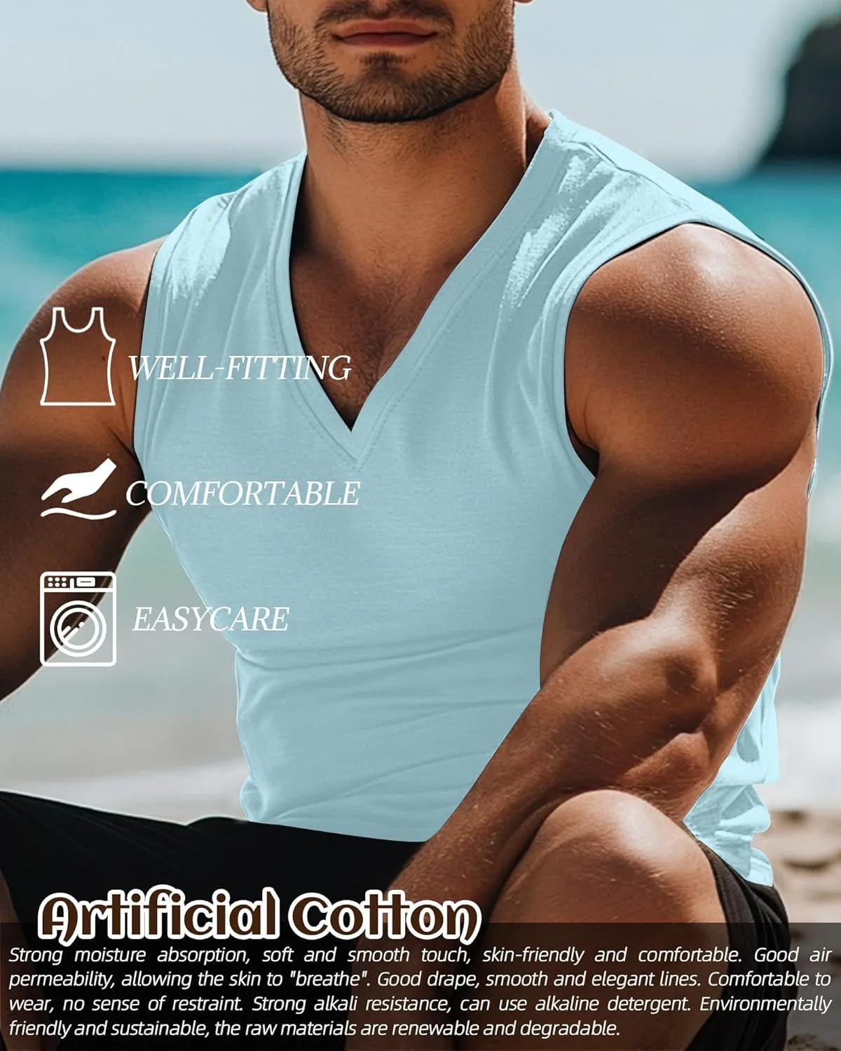 Ficerd 3 Pack Men's Big and Tall Workout Tank Tops, Cotton V Neck Sleeveless Gym Muscle T-Shirts Athletic Tee Summer Vest Top
