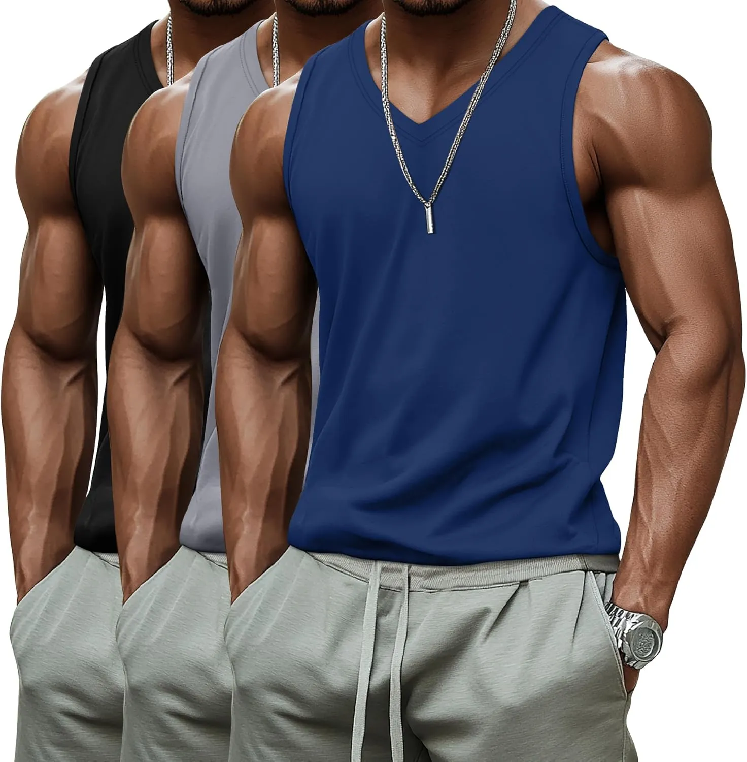 Ficerd 3 Pack Men's Big and Tall Workout Tank Tops, Cotton V Neck Sleeveless Gym Muscle T-Shirts Athletic Tee Summer Vest Top
