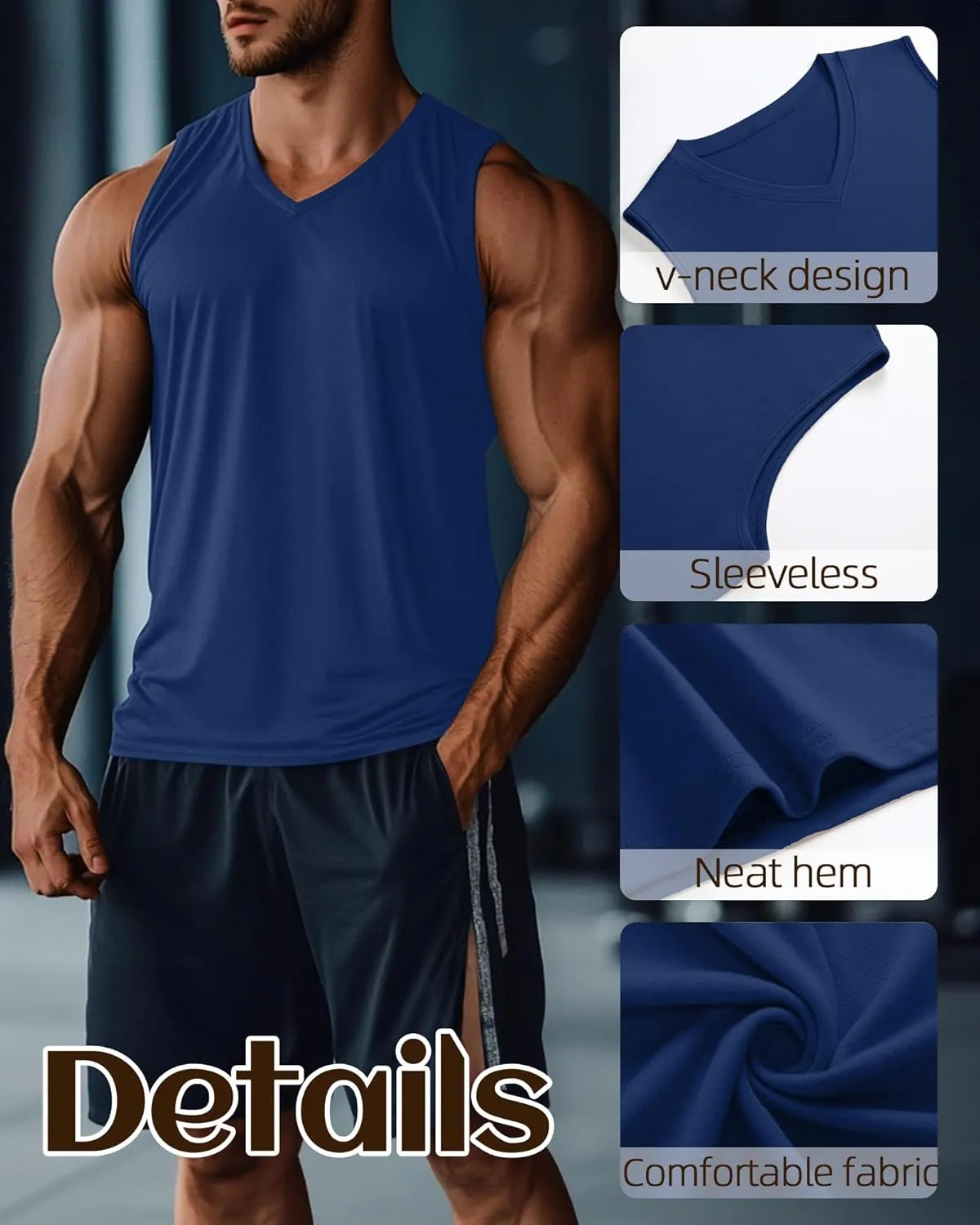 Ficerd 3 Pack Men's Big and Tall Workout Tank Tops, Cotton V Neck Sleeveless Gym Muscle T-Shirts Athletic Tee Summer Vest Top
