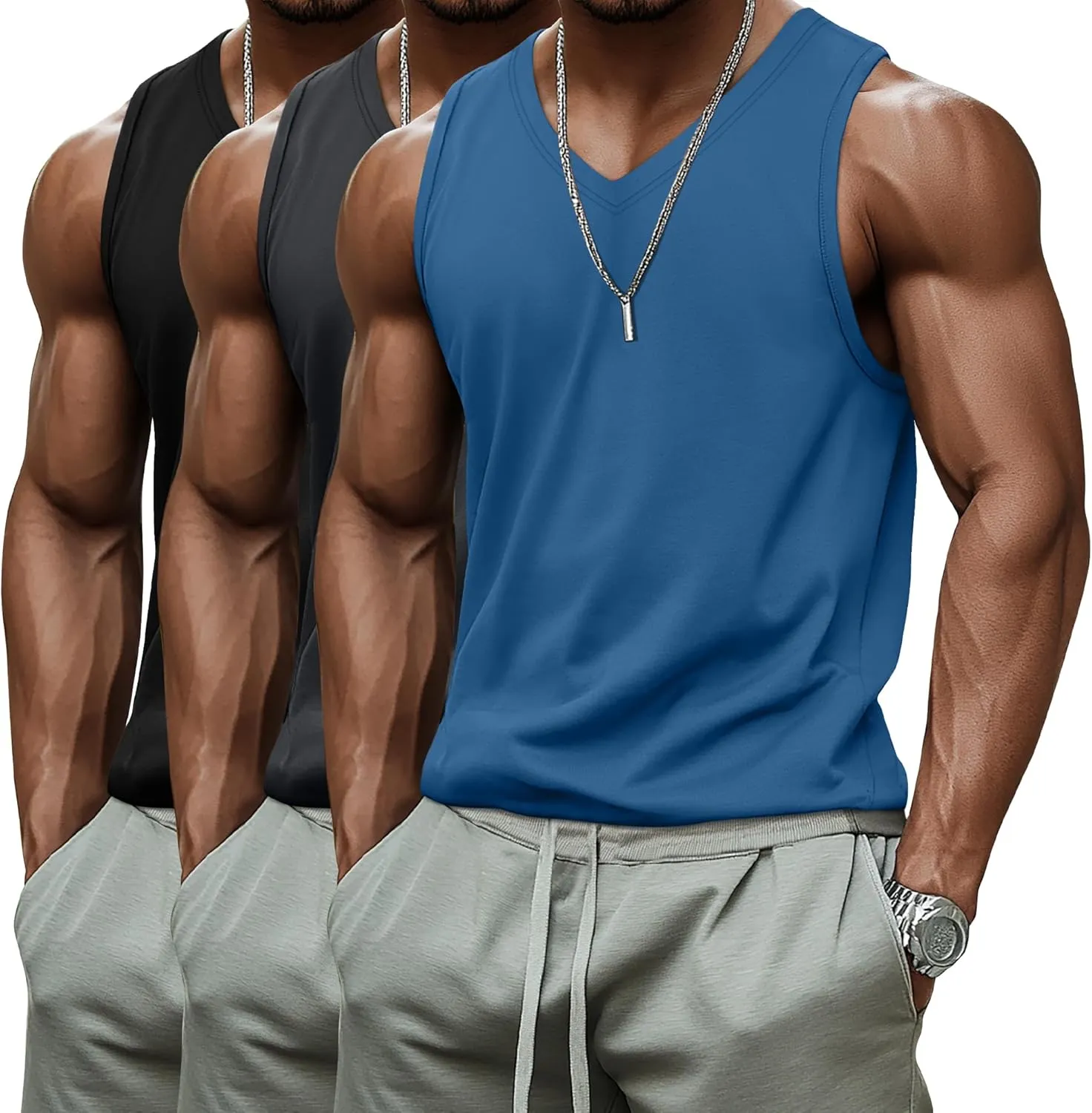 Ficerd 3 Pack Men's Big and Tall Workout Tank Tops, Cotton V Neck Sleeveless Gym Muscle T-Shirts Athletic Tee Summer Vest Top