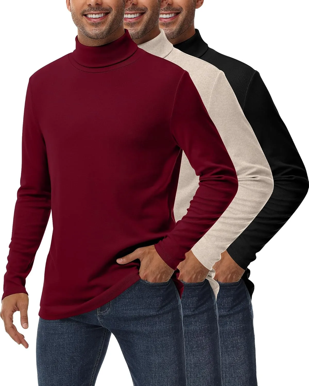 Ficerd 3 Pack Men's Turtleneck Shirts, Long Sleeve Cotton Pullover Sweaters Mock Neck Knitted T Shirt Basic Slim Fit Tee Tops