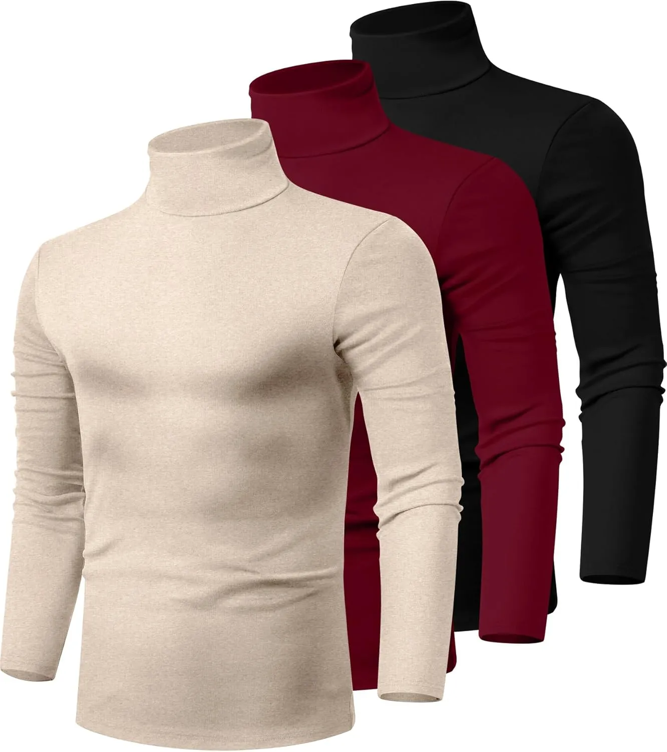 Ficerd 3 Pack Men's Turtleneck Shirts, Long Sleeve Cotton Pullover Sweaters Mock Neck Knitted T Shirt Basic Slim Fit Tee Tops