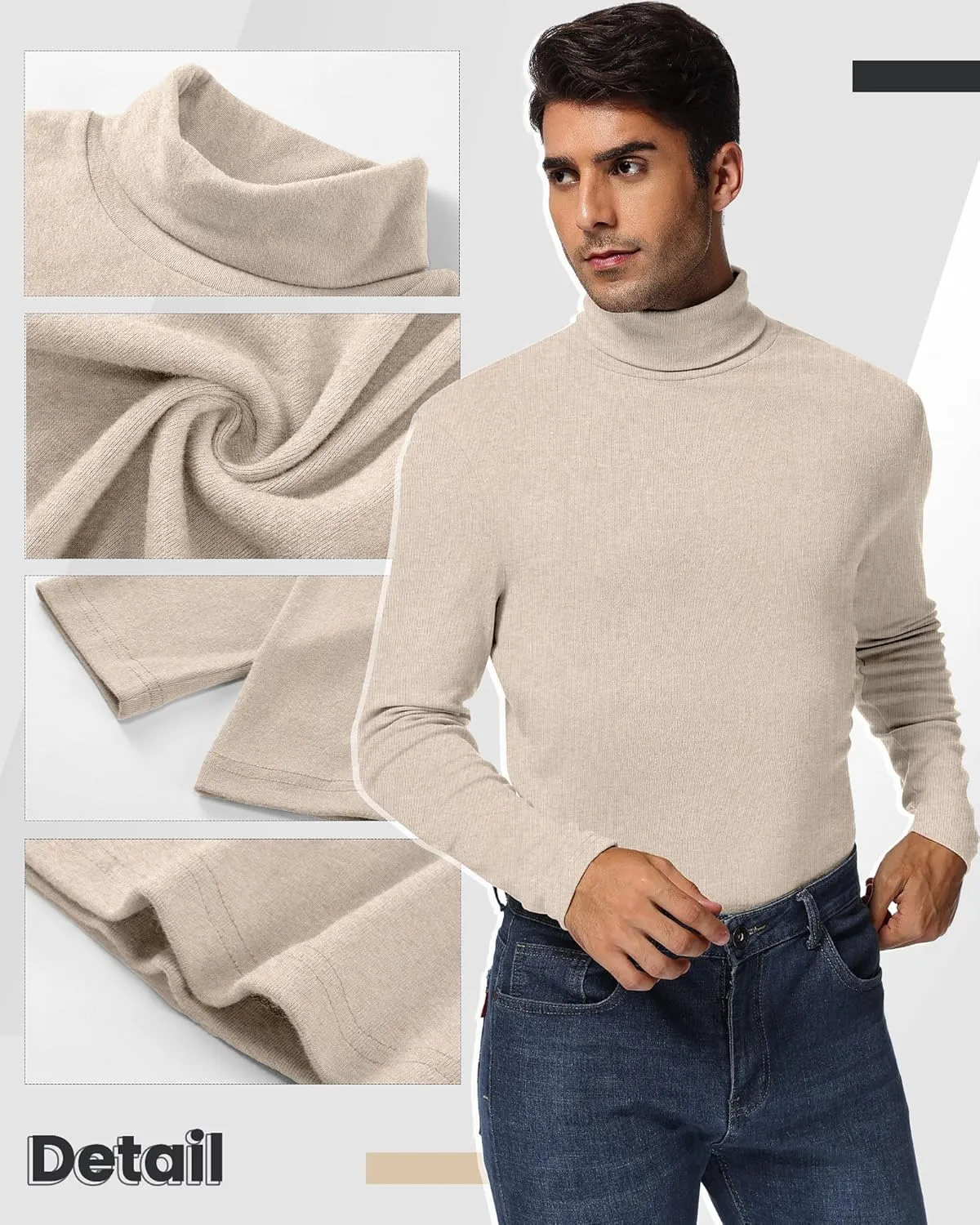 Ficerd 3 Pack Men's Turtleneck Shirts, Long Sleeve Cotton Pullover Sweaters Mock Neck Knitted T Shirt Basic Slim Fit Tee Tops