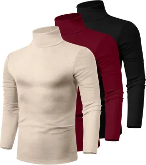 Ficerd 3 Pack Men's Turtleneck Shirts, Long Sleeve Cotton Pullover Sweaters Mock Neck Knitted T Shirt Basic Slim Fit Tee Tops