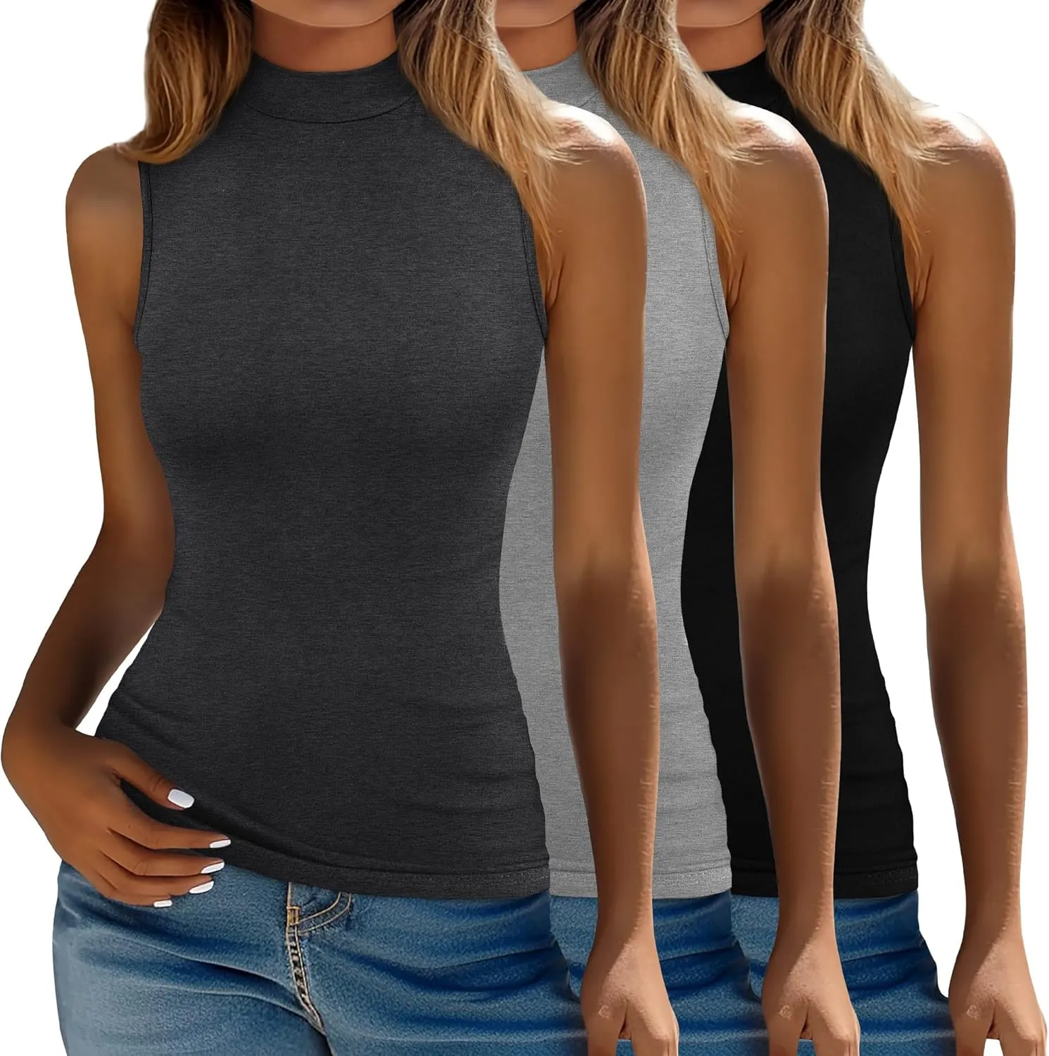 Ficerd 3 Pack Womens Sleeveless Tank Tops, Mock Neck Cotton Summer Shirts Slim Fit Stretch Tops Basic Lightweight Knit Tee