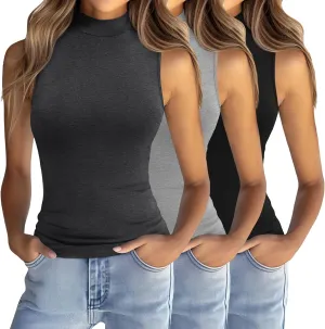 Ficerd 3 Pack Womens Sleeveless Tank Tops, Mock Neck Cotton Summer Shirts Slim Fit Stretch Tops Basic Lightweight Knit Tee