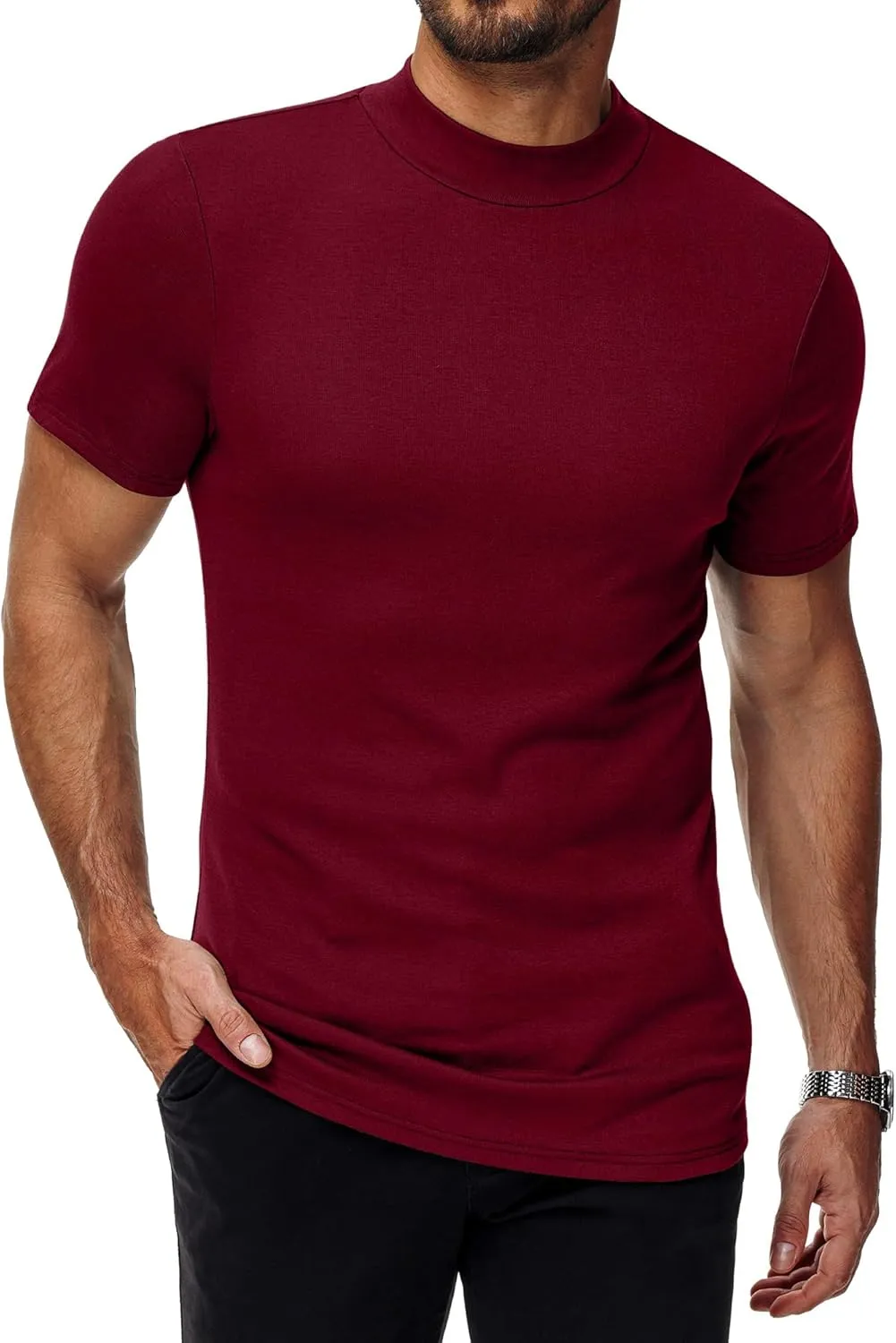 Ficerd 4 Pack Men's Mock Neck T Shirts, Short Sleeve Mock Turtleneck Undershirt Pullover Basic Causal Solid Tee Tops for Men