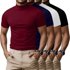 Ficerd 4 Pack Men's Mock Neck T Shirts, Short Sleeve Mock Turtleneck Undershirt Pullover Basic Causal Solid Tee Tops for Men