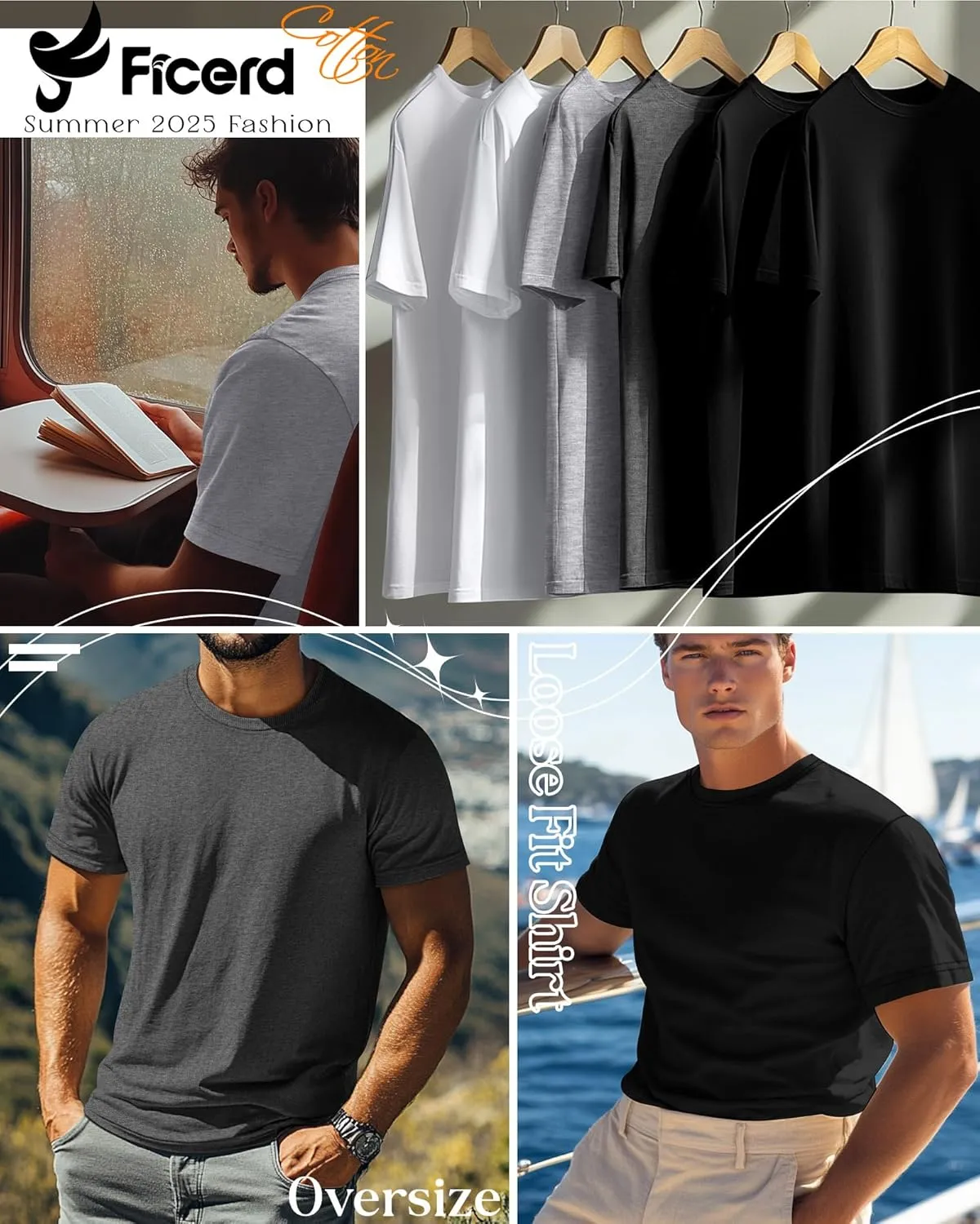 Ficerd 6 Pack Men's Big and Tall Shirts Short Sleeve Cotton Tee Summer Crew Neck Oversize Top Loose Fit Shirt Multipack