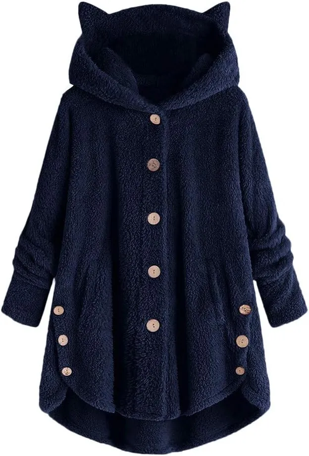 Fleece Hooded Jacket Women,2023 Winter Warm Fuzzy Cute cat Ear Hoodies Sweatshirt Oversized Coat with Pockets