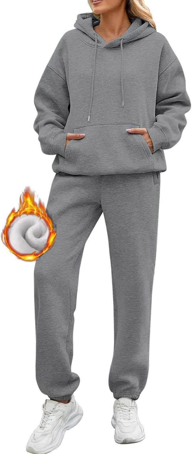 Fleece Jogger Sets for Women 2 Piece Oversized Hoodie Sweatshirt Fuzzy Sweatpants Lounge Set Winter Outfit w/Pockets