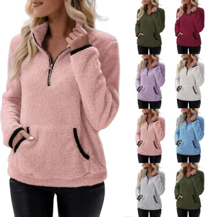 Fleece Sweatshirts for Women 2024 Fall Winter Half Zip Sweater Oversized Pullover Outfit Crewneck Hoodie with Pocket