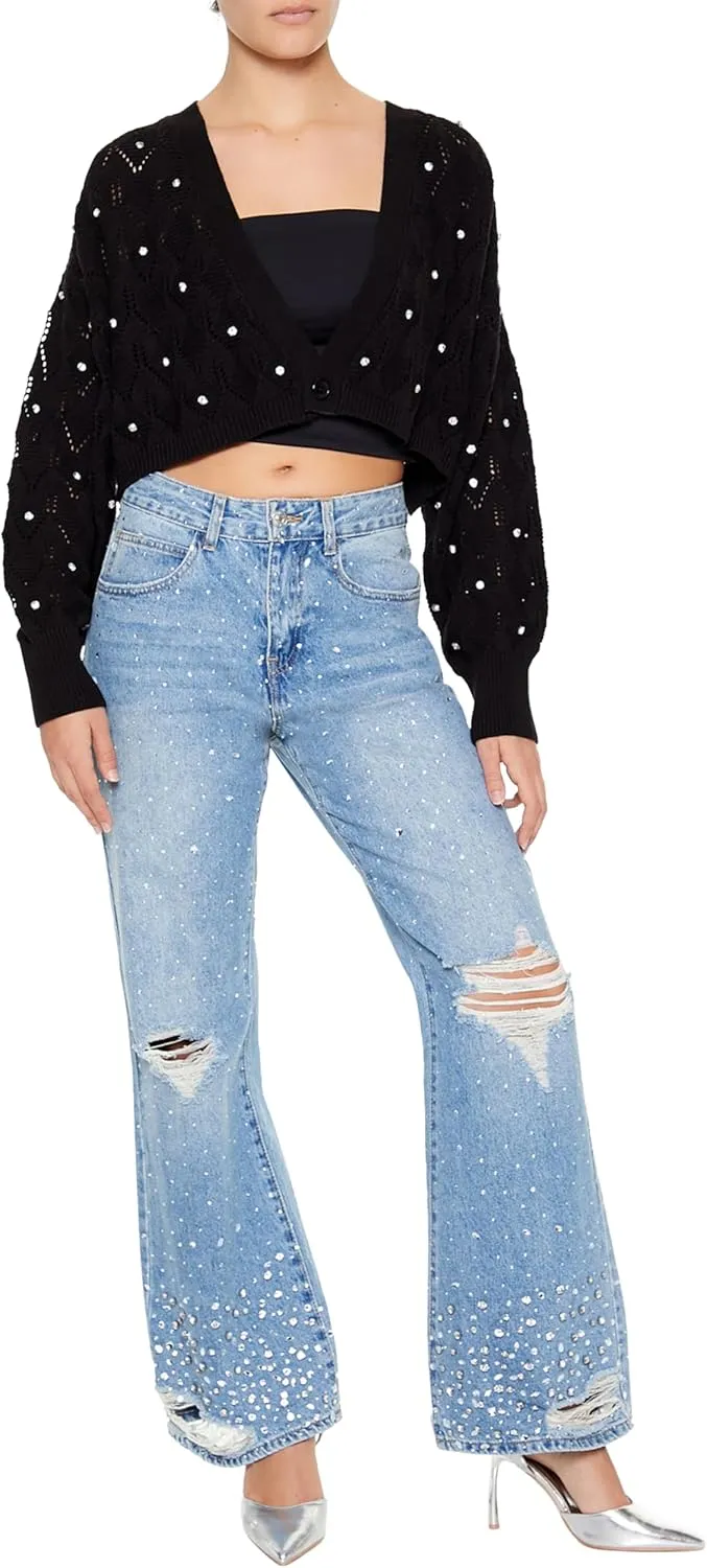 Forever 21 Women's Faux Gem Cropped Cardigan Sweater