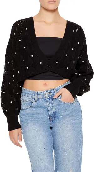 Forever 21 Women's Faux Gem Cropped Cardigan Sweater