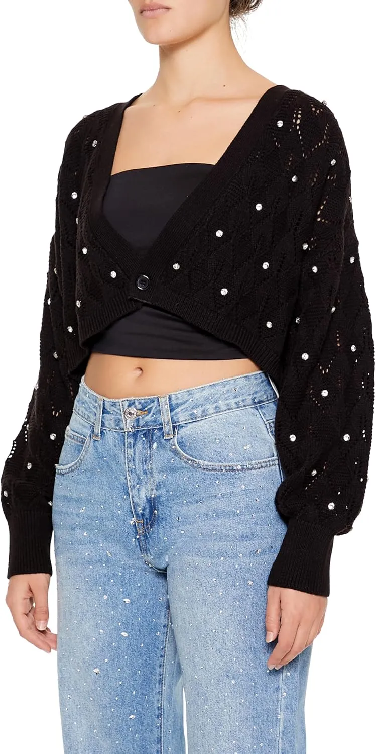 Forever 21 Women's Faux Gem Cropped Cardigan Sweater