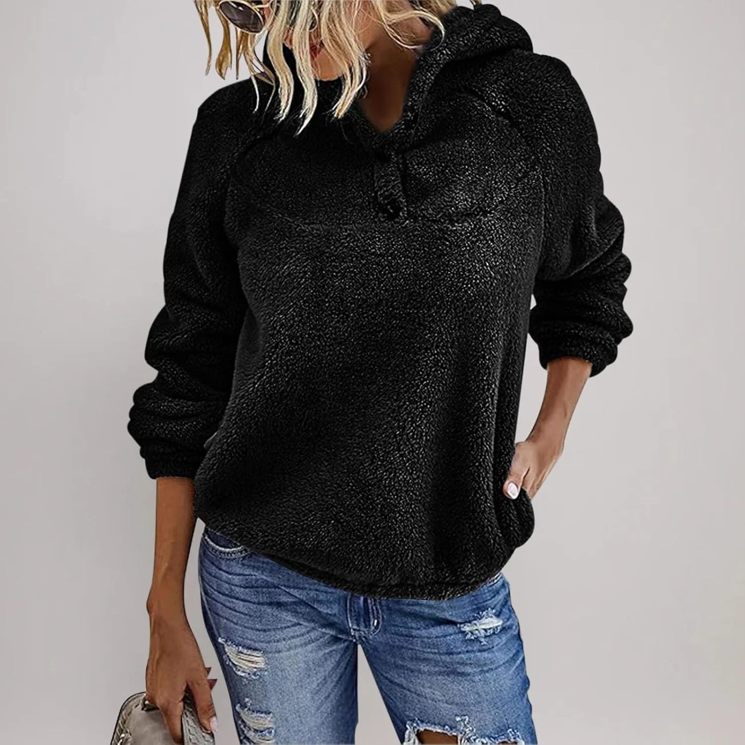Fuzzy Fleece Hoodie for Women Oversized Sherpa Pullover Sweatshirt Thermal Sweater Winter Outerwear Fluffy Teddy Coat