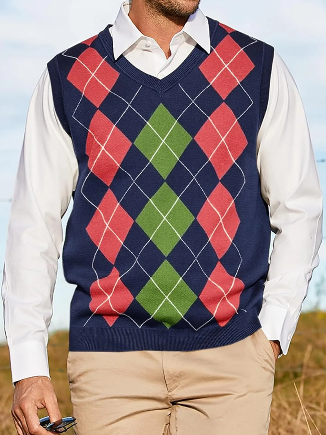 Gafeng Mens Argyle Sweater V-Neck Casual Winter Slim Fit Lightweight Sleeveless Knitwear Vest