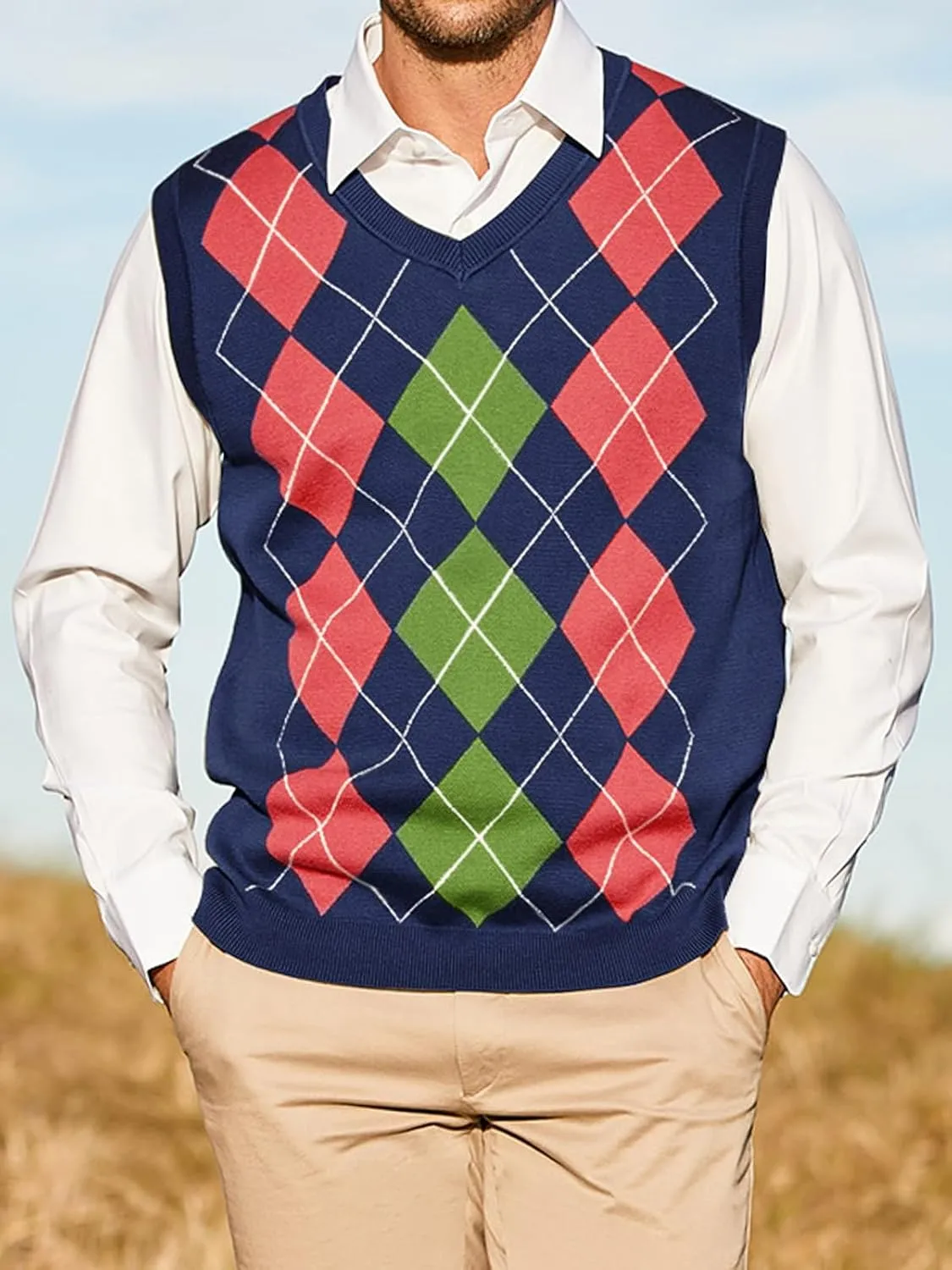 Gafeng Mens Argyle Sweater V-Neck Casual Winter Slim Fit Lightweight Sleeveless Knitwear Vest