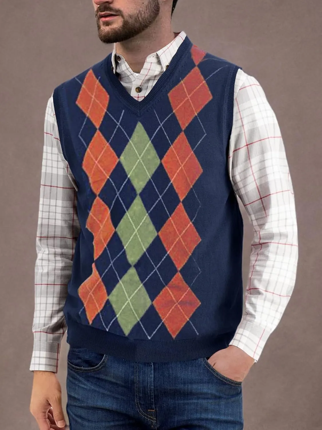 Gafeng Mens Argyle Sweater V-Neck Casual Winter Slim Fit Lightweight Sleeveless Knitwear Vest