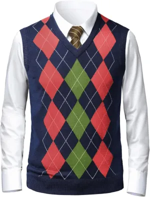 Gafeng Mens Argyle Sweater V-Neck Casual Winter Slim Fit Lightweight Sleeveless Knitwear Vest