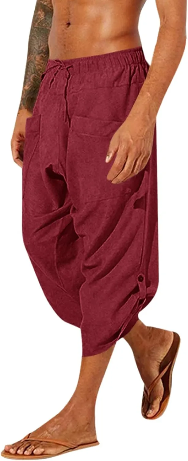 Gafeng Mens Linen Harem Capri Pants Drawstring 3/4 Shorts Casual Beach Yoga Hippie Thai Pants