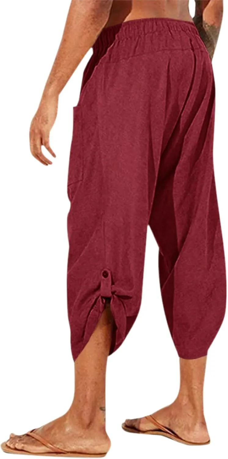 Gafeng Mens Linen Harem Capri Pants Drawstring 3/4 Shorts Casual Beach Yoga Hippie Thai Pants