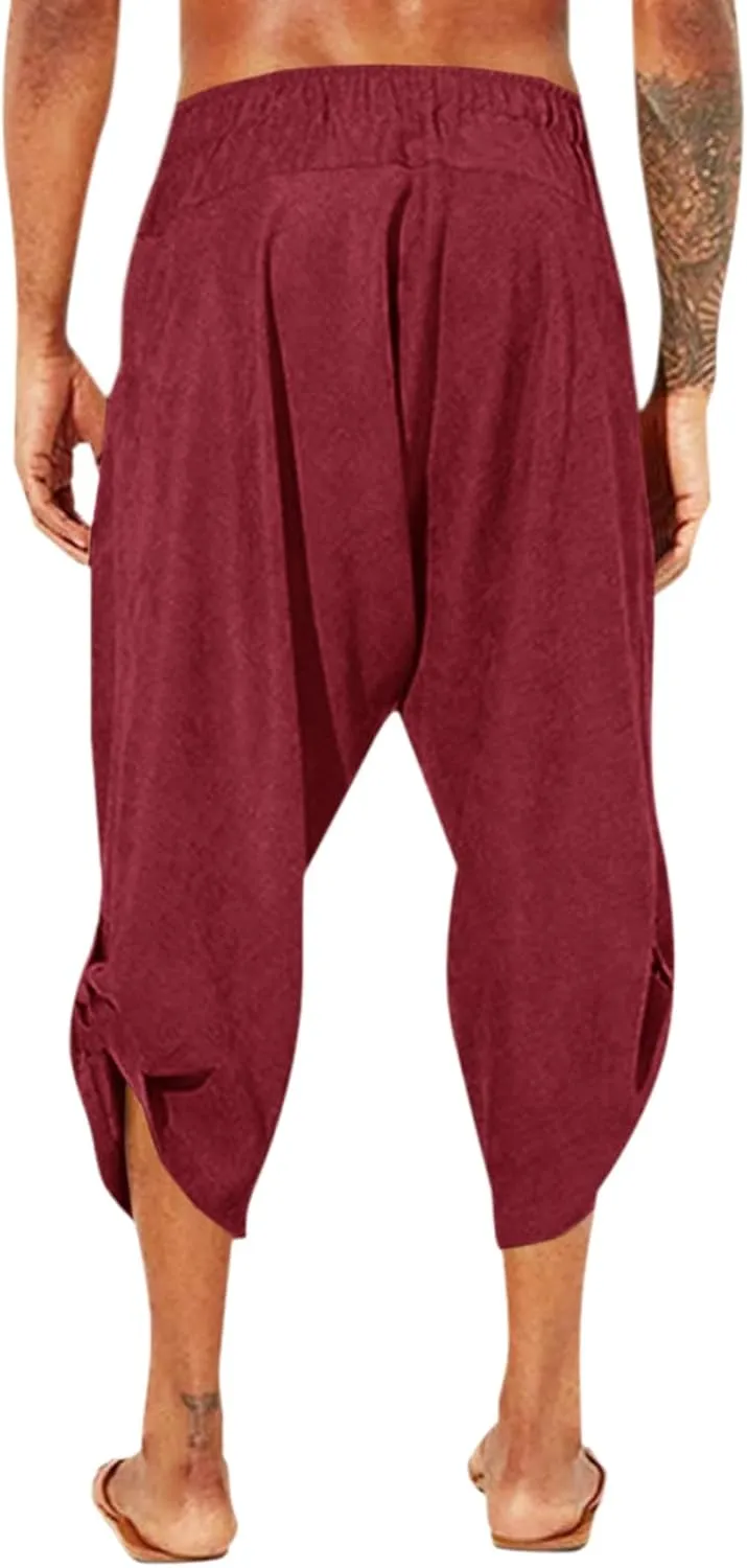 Gafeng Mens Linen Harem Capri Pants Drawstring 3/4 Shorts Casual Beach Yoga Hippie Thai Pants