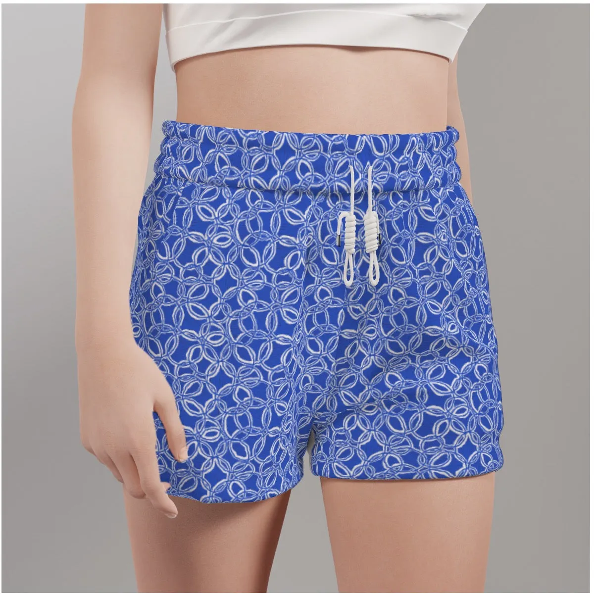 Geometrical Blue & White Women's Casual Shorts. Pattern hand-painted.