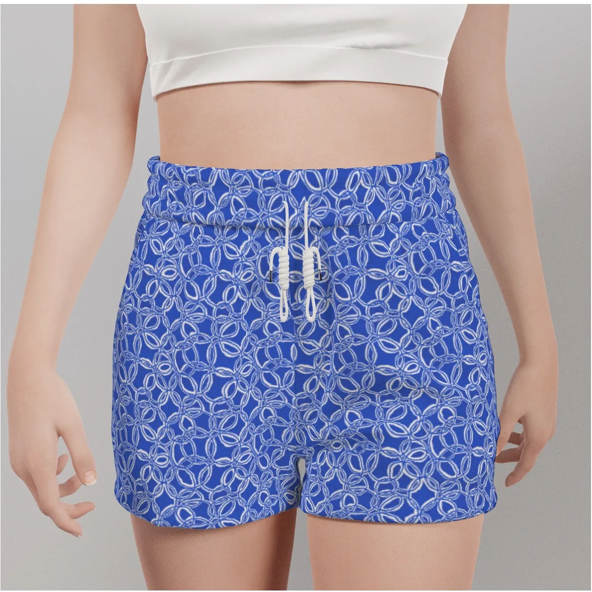 Geometrical Blue & White Women's Casual Shorts. Pattern hand-painted.