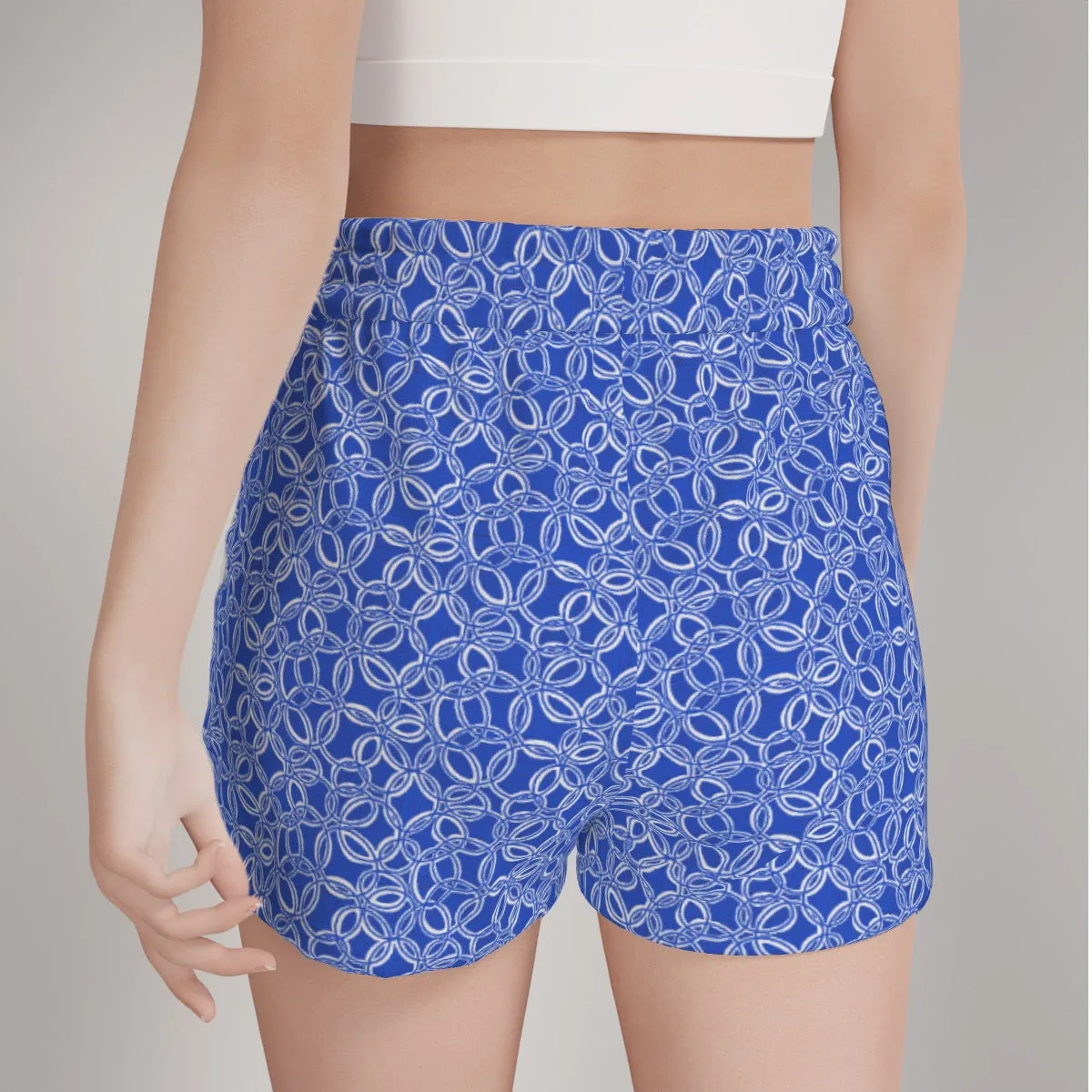 Geometrical Blue & White Women's Casual Shorts. Pattern hand-painted.