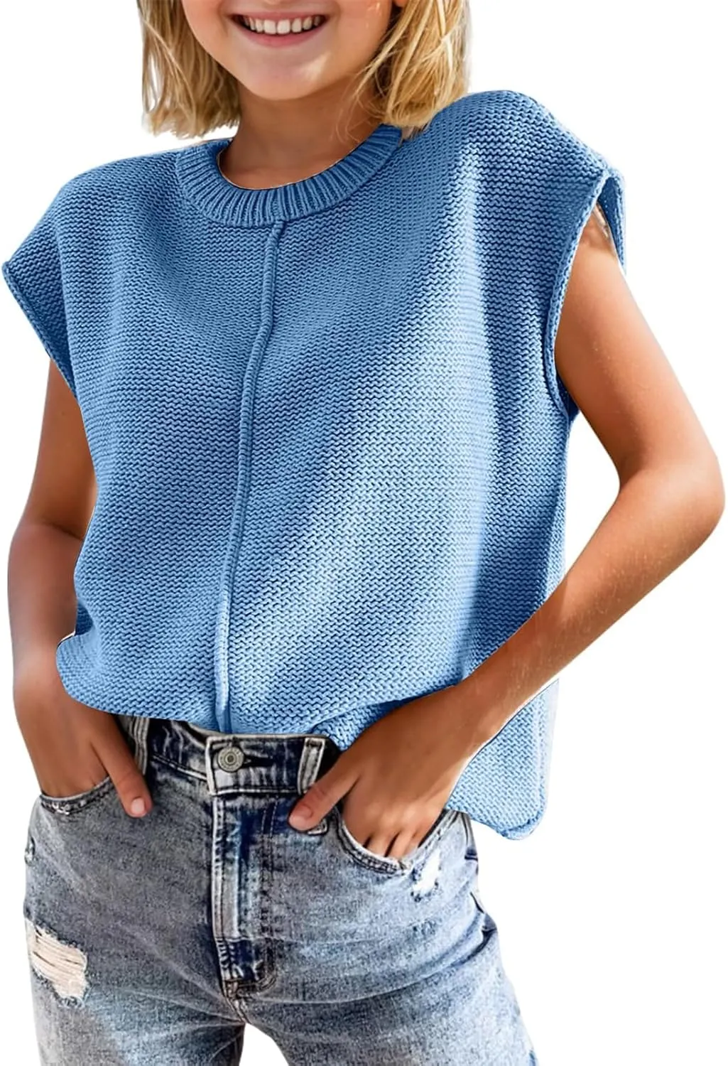 Girls Summer Cap Sleeve Tops Cute Casual Crew Neck Loose Knit Lightweight Teen Vests Fashion Shirts Tee Tops