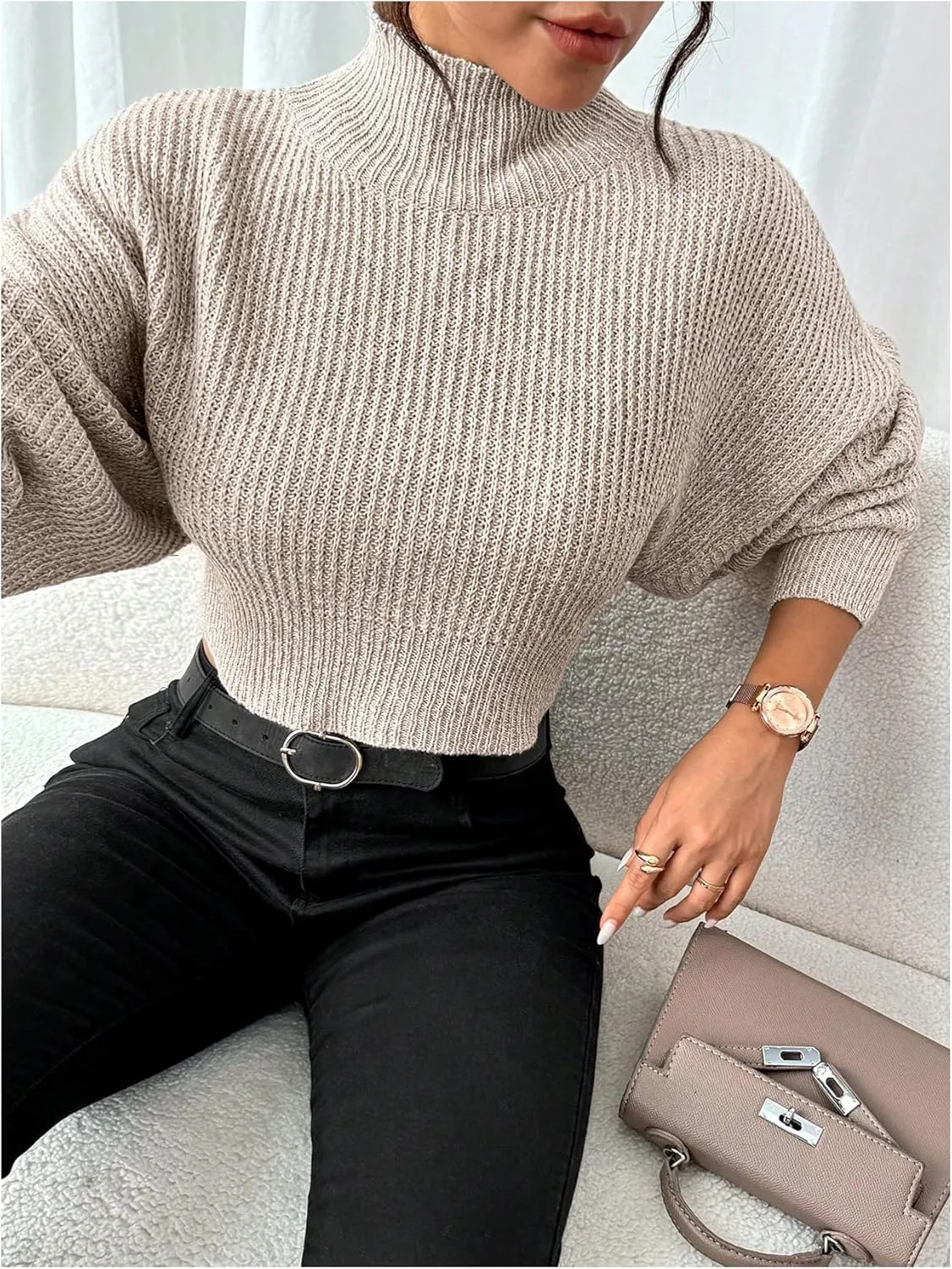 GORGLITTER Women's Bow Sweater Open Tie Back Long Sleeve Mock Neck Backless Pullover Top Fall Fashion 2024